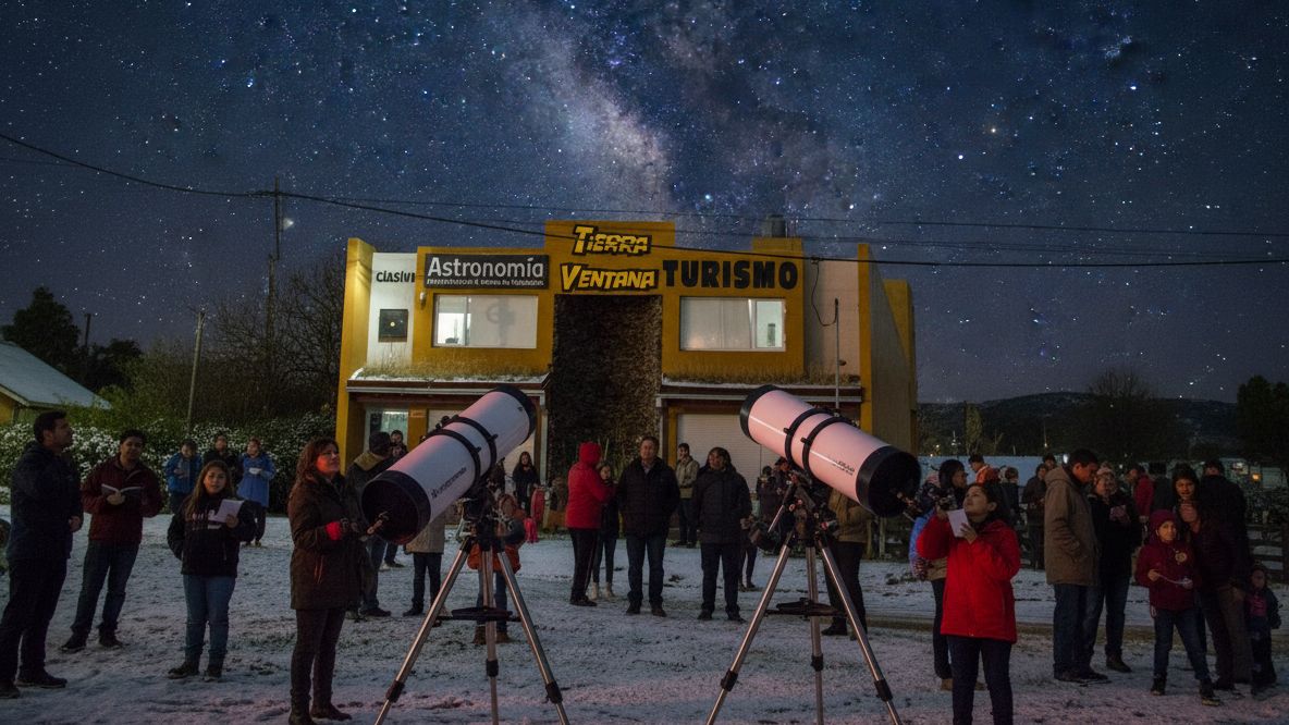 Frente del Planetario de Sierra de la Ventana con telescopios y la Vía Láctea
